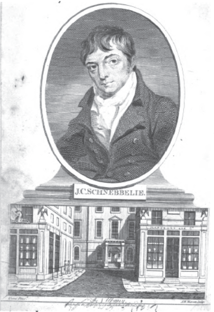 Large portrait of the editor, J.C. Schnebbelie from 1805. Beneath the oval portrait, is an engraved image of The Albany, which was a building of high-end apartments where Mr. Schnebbelie was a cook.