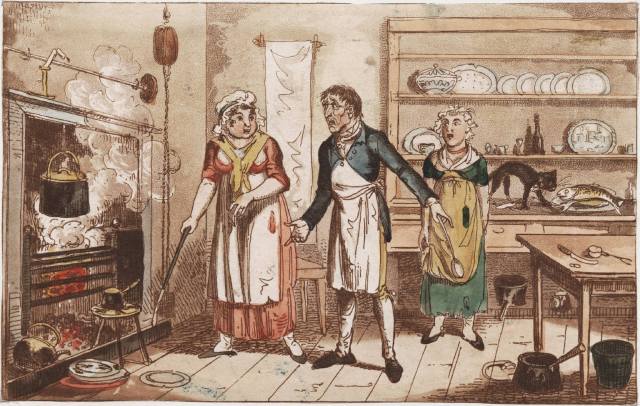 Painted engraving image of a kitchen scene from 1813. Woman in a red gown, apron, cap & shawl tending to items cooking at the hearth is being spoken to by a man (also wearing an apron and holding a spoon). In the back is another servant in a green gown and holding the edge of her apron. In the background are shelves holding plates and serving dishes with a dished fish on a platter. A black cat is on the counter sniffing the fish. There is a table in the right-hand side of the image with two pots under. The hearth has a large pot suspended above the fire, a kettle off to the side of the fire, and a tripod trivet in front of the fire with a small cooking pot. A few plates are on the floor in front of the hearth.
